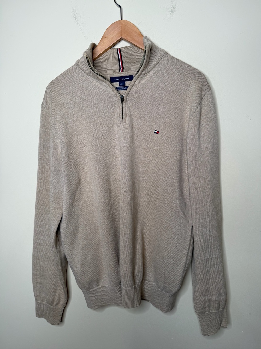 Tommy Hilfiger Men's Medium Quarter Zip Pullover Sweater Beige Cotton Flag Logo
